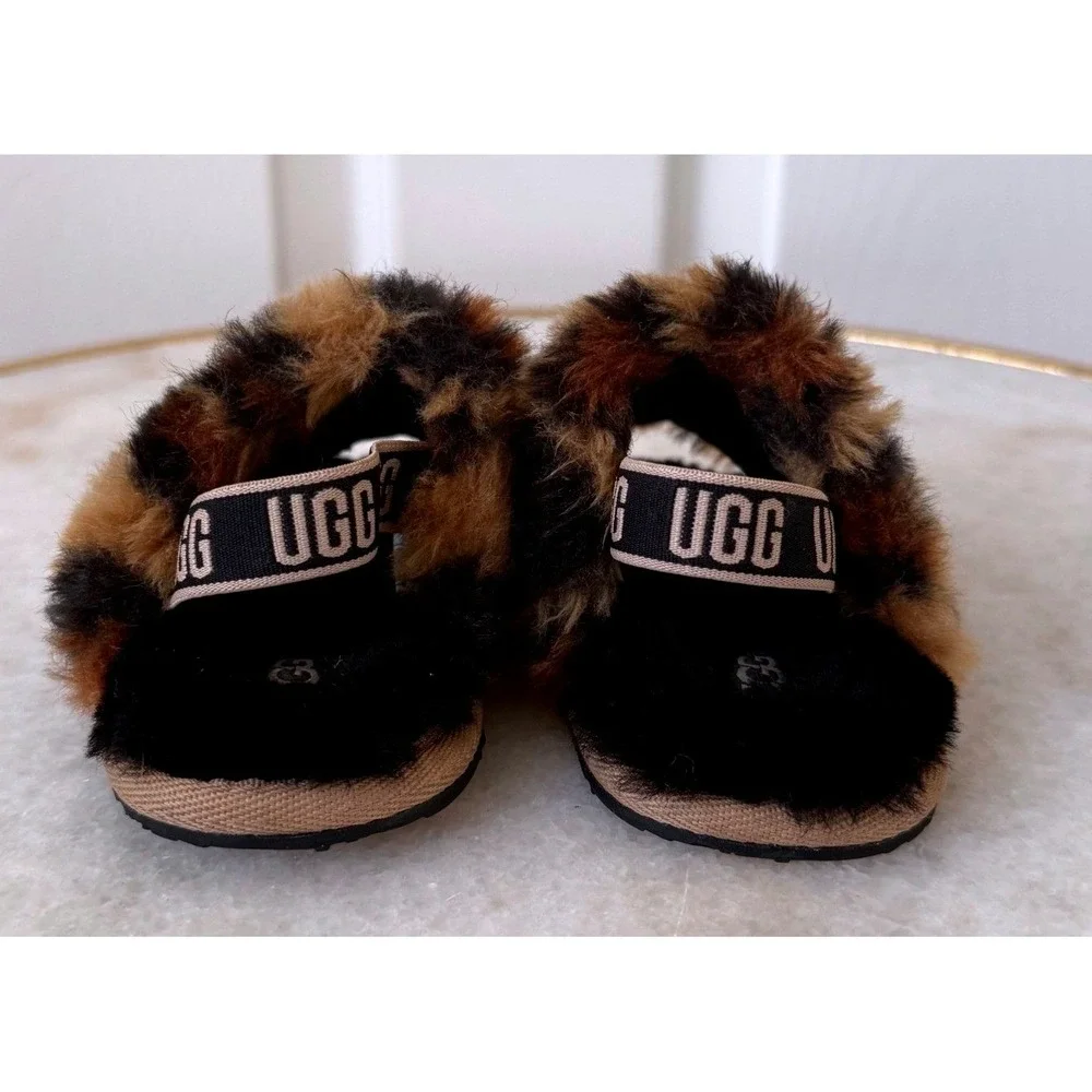 UGG Infant Fluff Yeah Leopard Print Faux Fur Slingback Slides Sandals Size 4/5